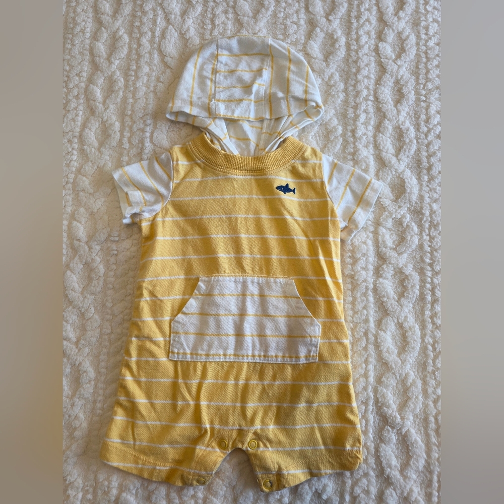 Carter’s Shark Hooded Romper | 6M | Yellow Striped One-Piece | Summer Outfit